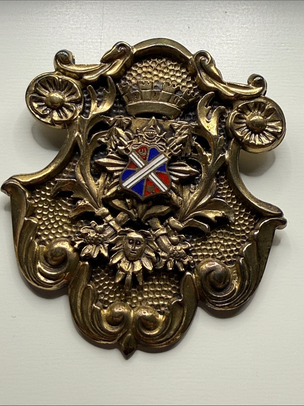 Huge Vintage Ornate Brass Pin brooch pendant  Heraldic Enamel Shield artnouveau